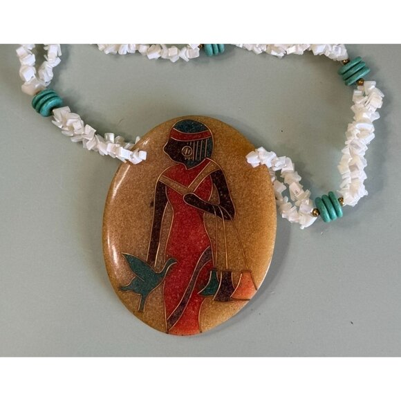 Egyptian Large Inlay Pendant Necklace With Mother Of Pearl Chips Turquoise Beads - Picture 6 of 6